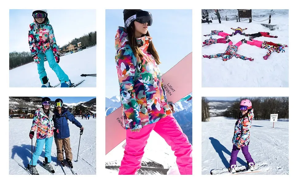 Women Hooded Ski Jacket & Bibs Pants Suits Printed Snowboard Outwear