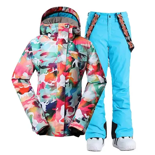 Women Hooded Ski Jacket & Bibs Pants Suits Printed Snowboard Outwear