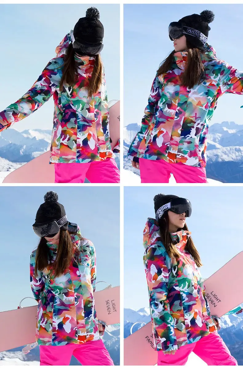 Women Hooded Ski Jacket & Bibs Pants Suits Printed Snowboard Outwear