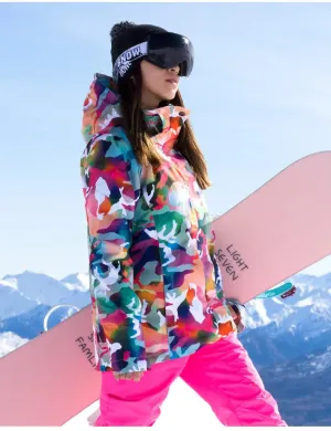 Women Hooded Ski Jacket & Bibs Pants Suits Printed Snowboard Outwear