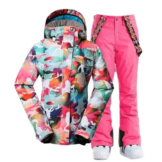 Women Hooded Ski Jacket & Bibs Pants Suits Printed Snowboard Outwear