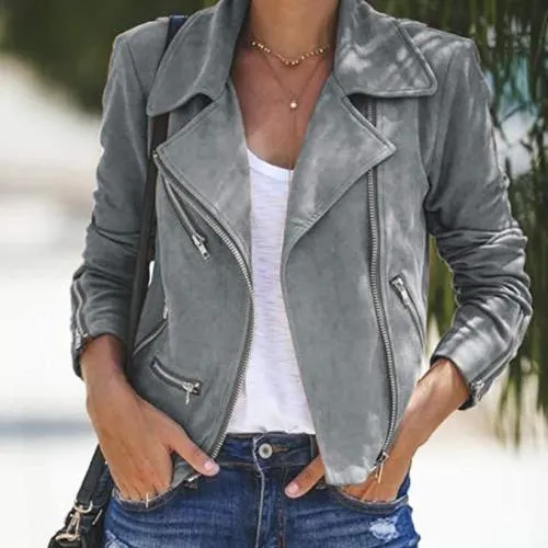 Women turn down collar zippers cropped coats and jackets