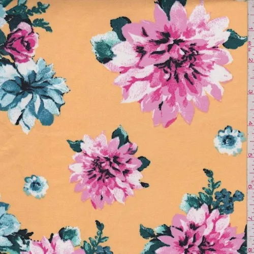 Yellow/Pink/Teal Floral Cluster Double Brushed Jersey Knit Fabric